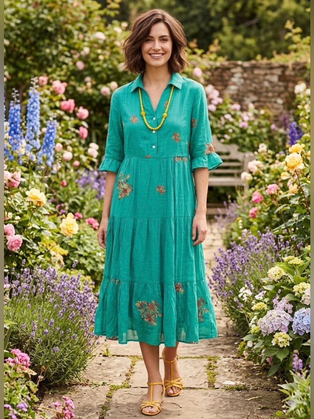 Anthropologie Fig+Flower Teal Floral Embroidered 3/4 Sleeve Medium Midi Dress